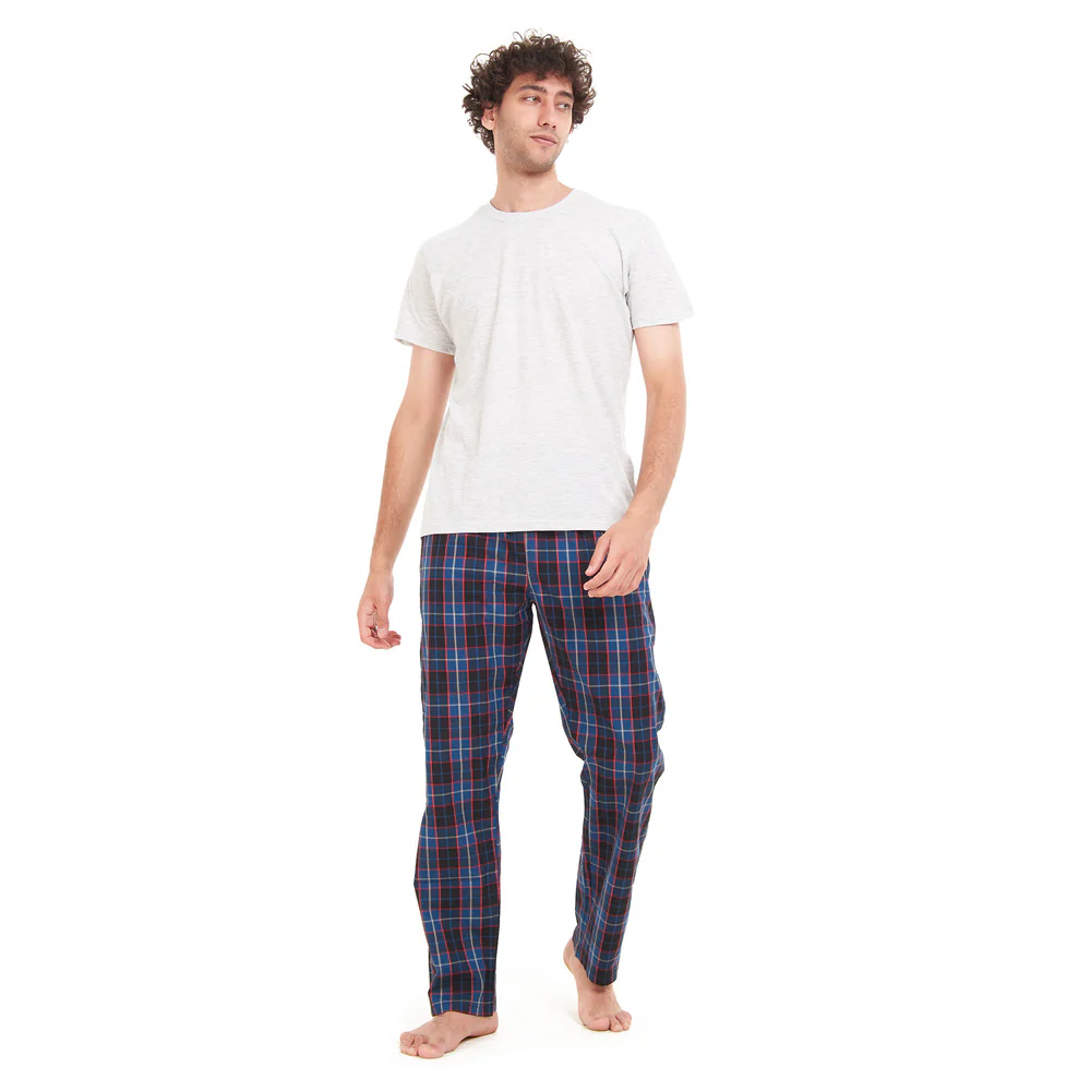 Men summer pajama set Grey T-shirt + Dark Blue x Indigo Checkered pants - Image 4