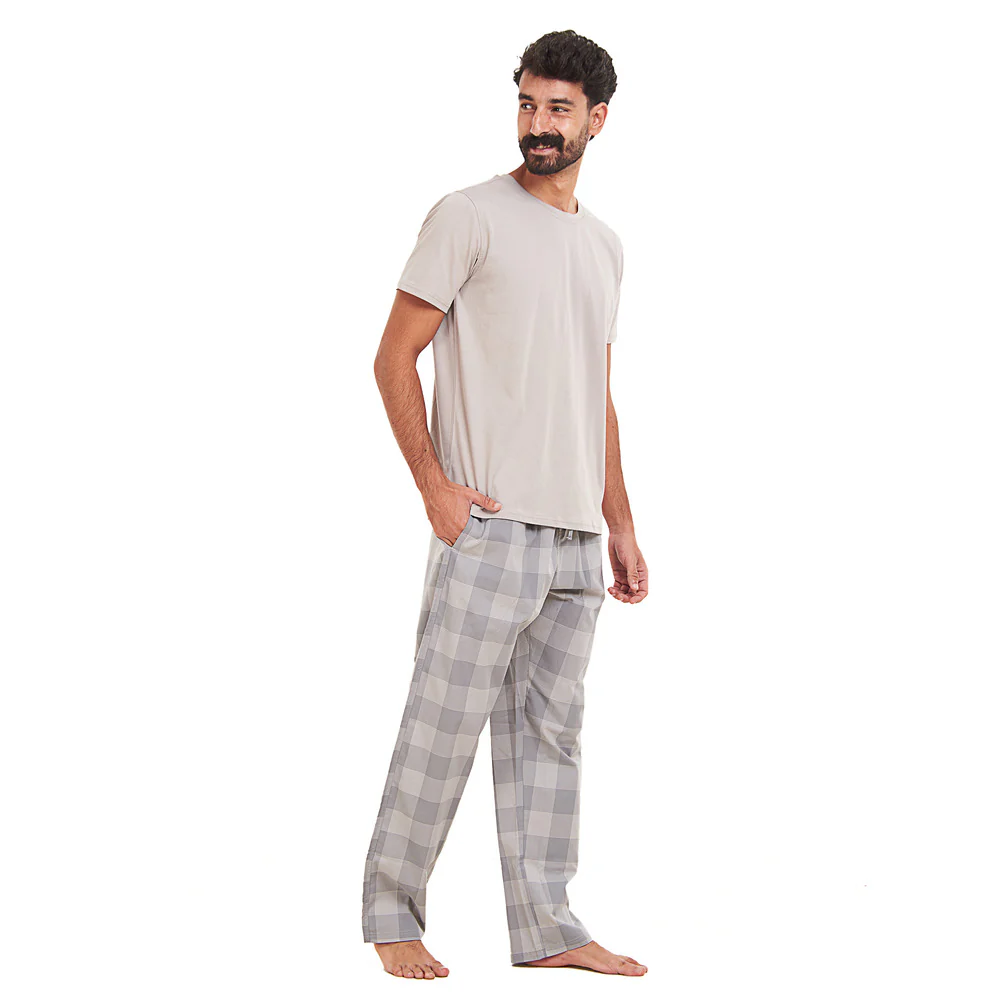 Men summer pajama set Grey T-shirt + Grey checkered Pants - Image 2