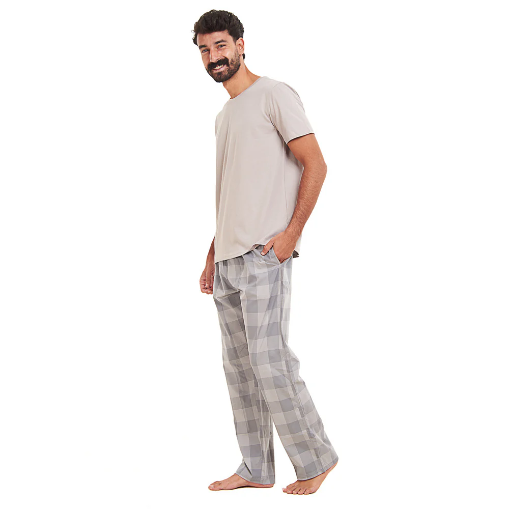 Men summer pajama set Grey T-shirt + Grey checkered Pants - Image 3