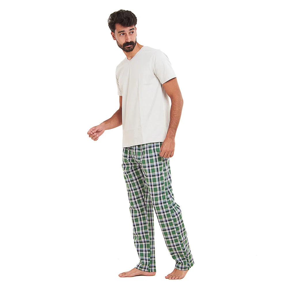 Men summer pajama set Grey T-shirt + Green x Dark Blue checkered Pants - Image 2