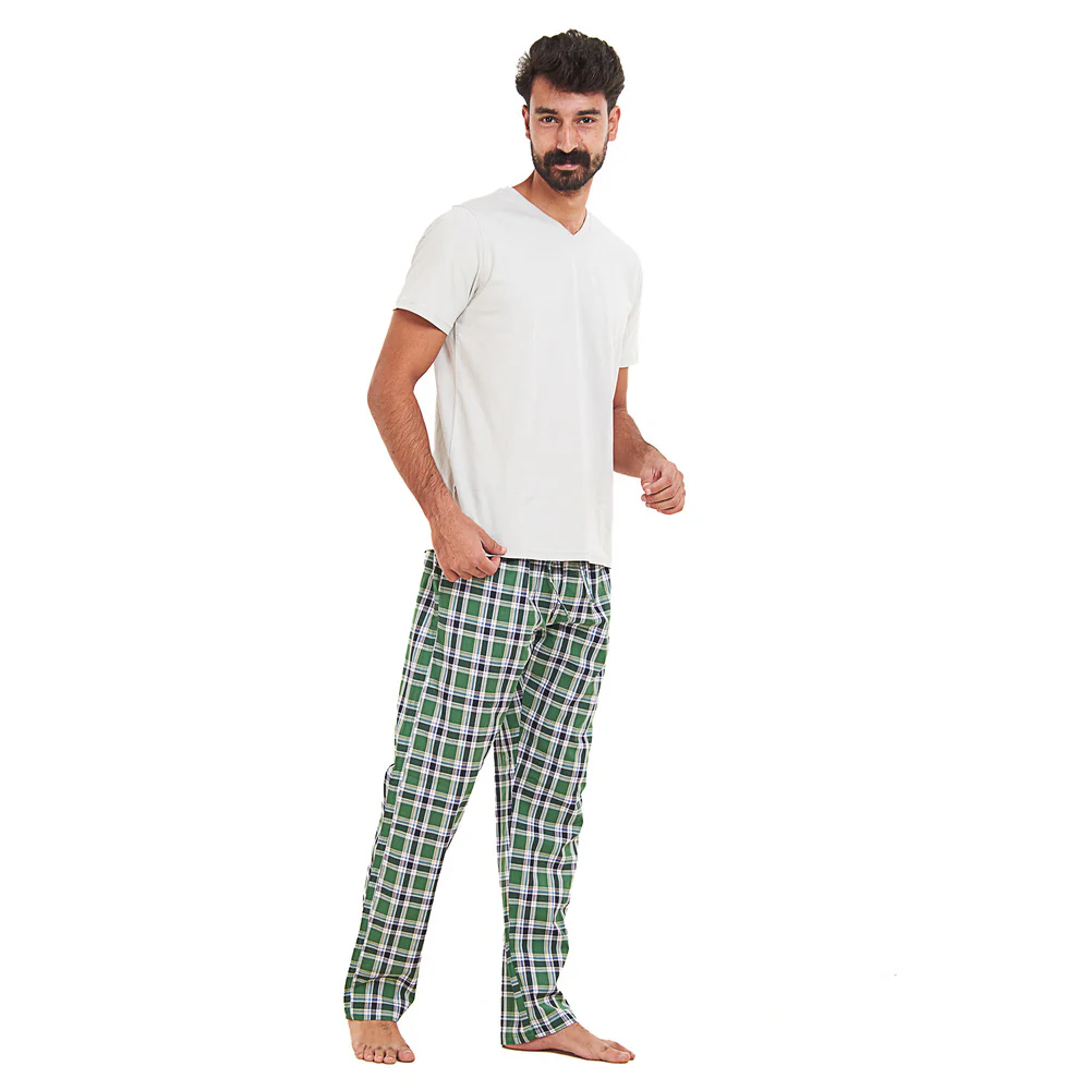 Men summer pajama set Grey T-shirt + Green x Dark Blue checkered Pants - Image 3