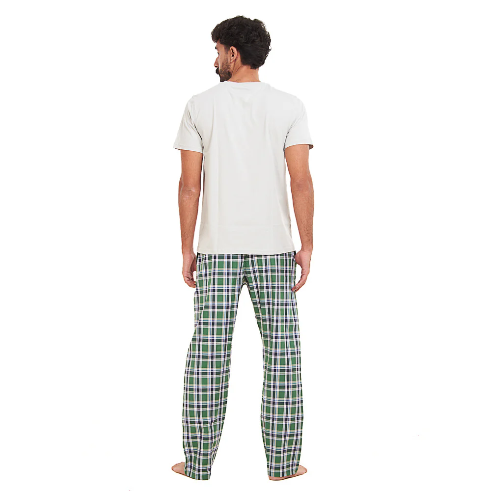 Men summer pajama set Grey T-shirt + Green x Dark Blue checkered Pants - Image 4