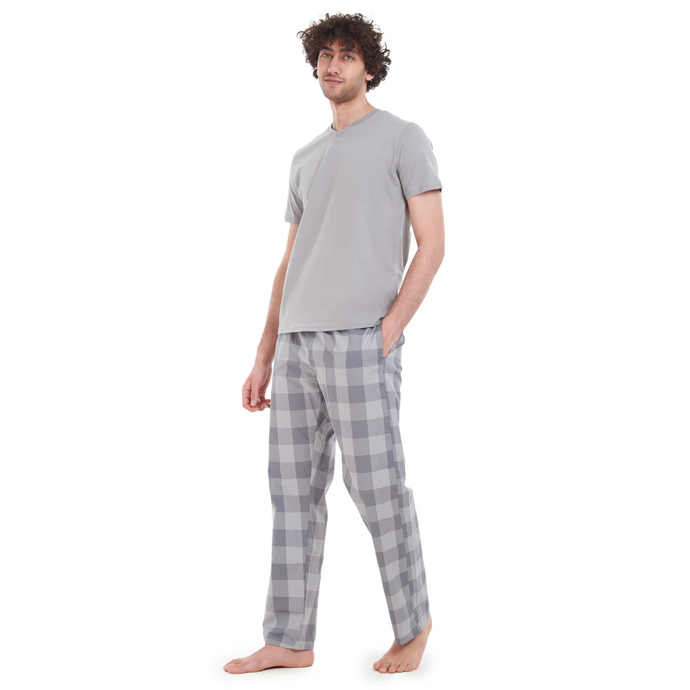 Men summer pajama set Grey T-shirt + Grey Checkered pants - Image 2