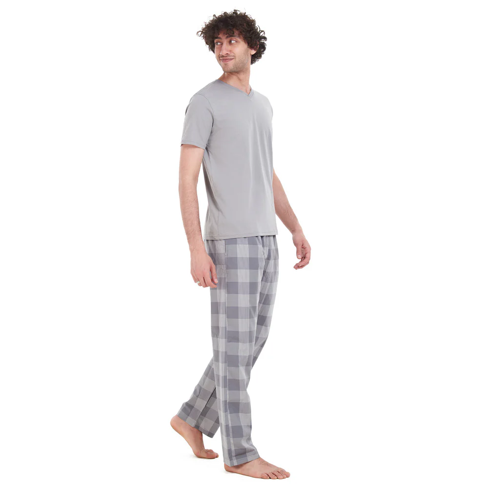 Men summer pajama set Grey T-shirt + Grey Checkered pants - Image 3