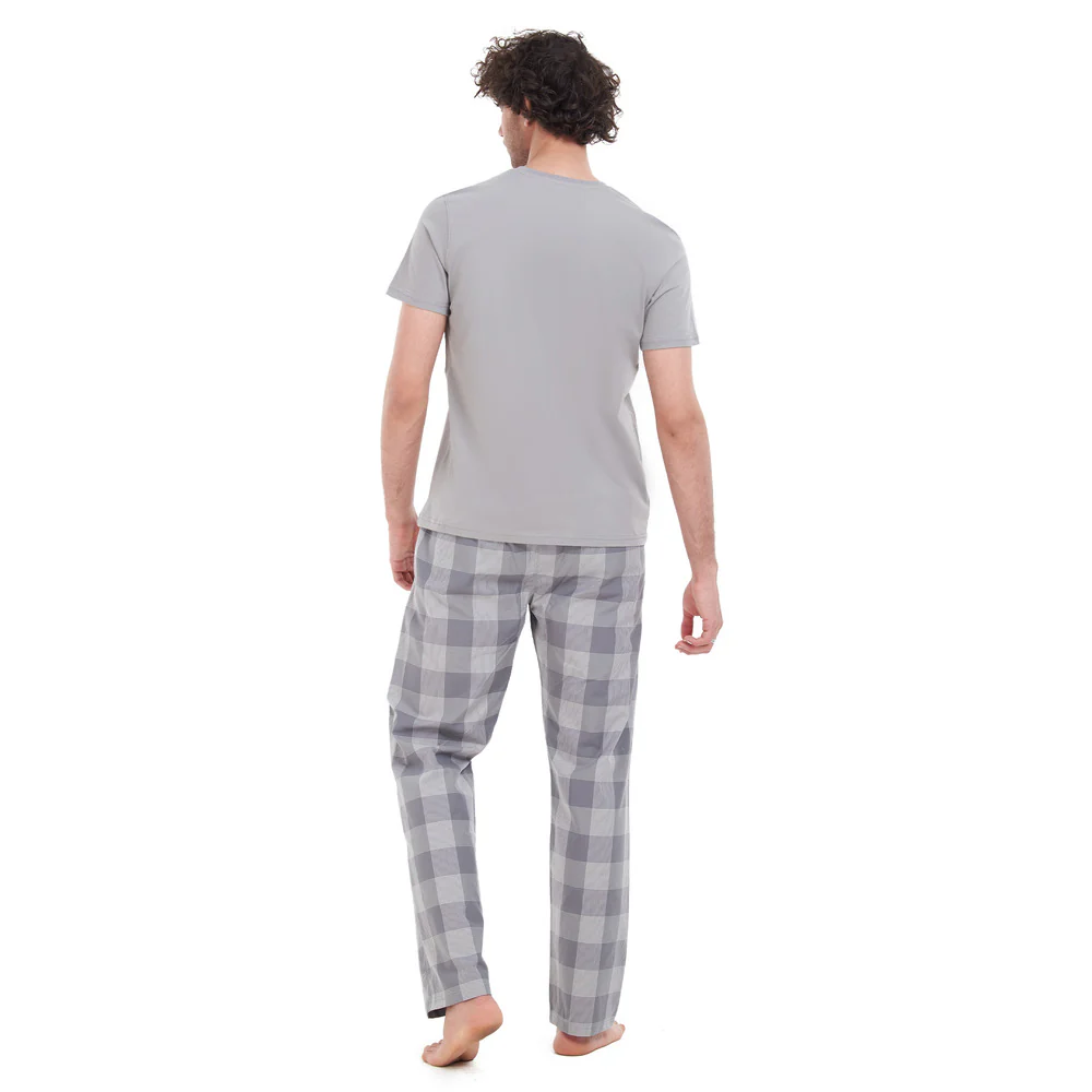 Men summer pajama set Grey T-shirt + Grey Checkered pants - Image 4