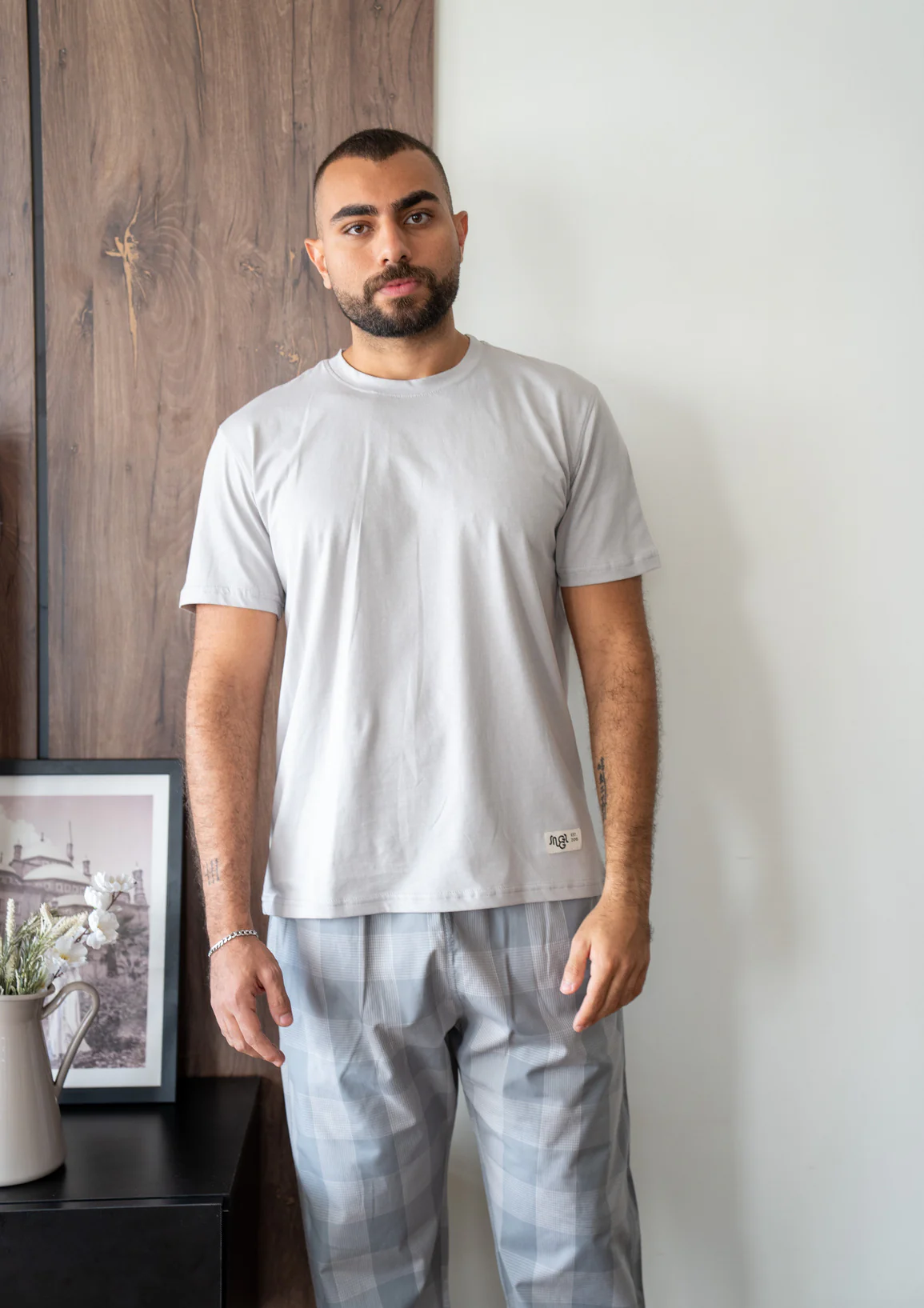 Men summer pajama set Grey T-shirt + Light Grey X Grey Glen Plaid Pants - Image 2