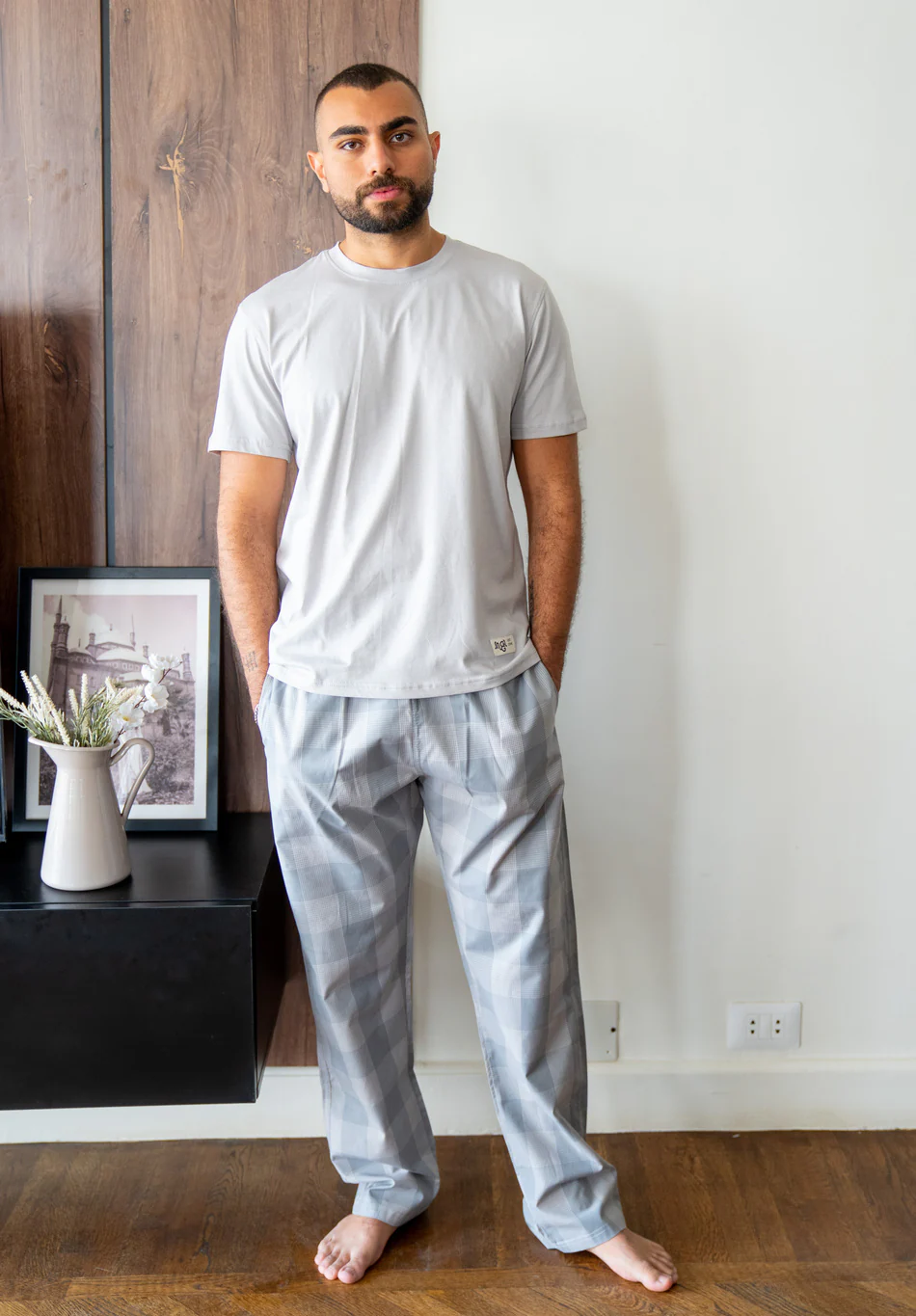 Men summer pajama set Grey T-shirt + Light Grey X Grey Glen Plaid Pants - Image 3