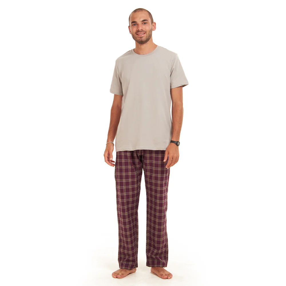 Men summer pajama set  Grey T-shirt +Maroon Checkered pants - Image 2