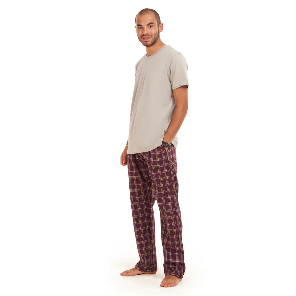Men summer pajama set  Grey T-shirt +Maroon Checkered pants - Image 3