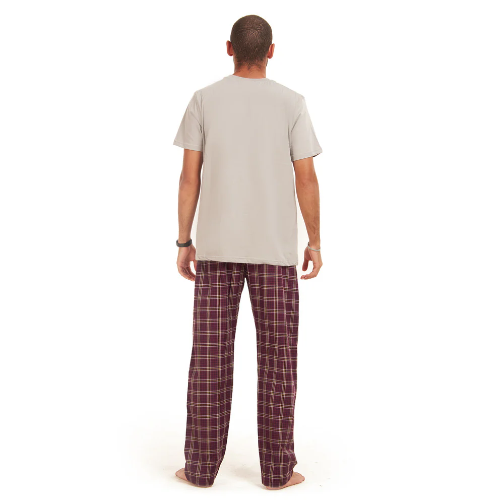 Men summer pajama set  Grey T-shirt +Maroon Checkered pants - Image 4