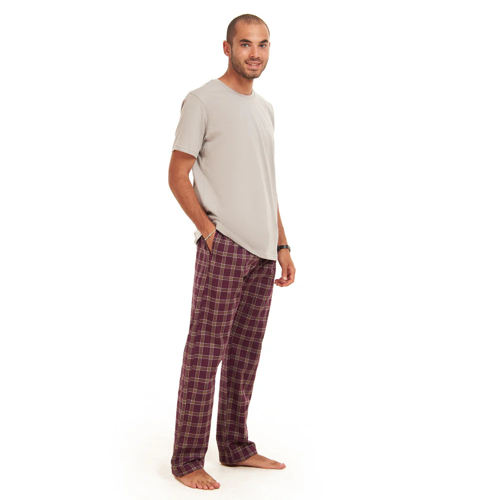 Men summer pajama set  Grey T-shirt +Maroon Checkered pants - Image 5