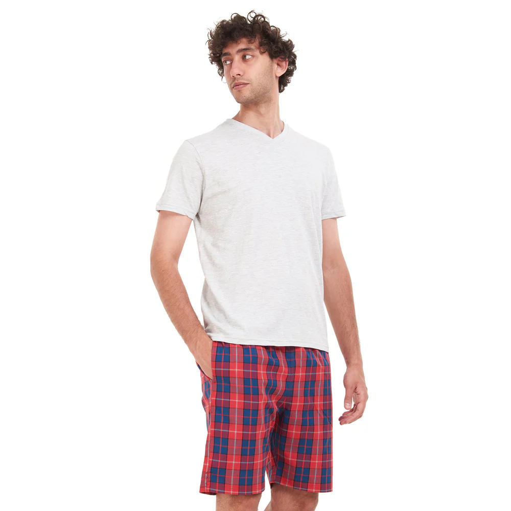 Men summer pajama set Grey T-shirt + Red x Indigo Checkered short - Image 2