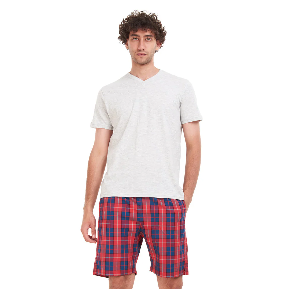 Men summer pajama set Grey T-shirt + Red x Indigo Checkered short - Image 3