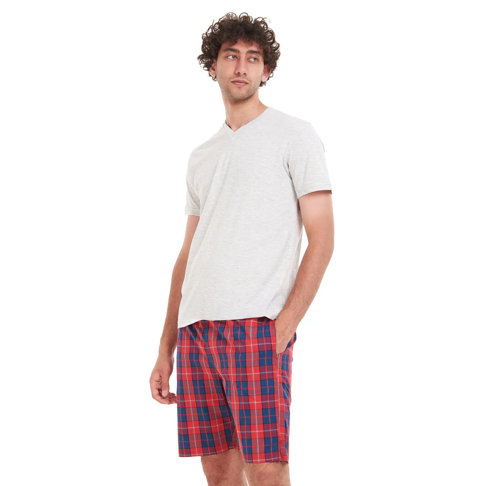 Men summer pajama set Grey T-shirt + Red x Indigo Checkered short - Image 5