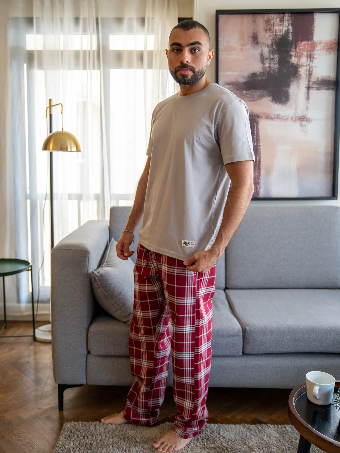 Men summer pajama set Greyish T-shirt + Dark Red X Greyish Tartan Plaid Pants