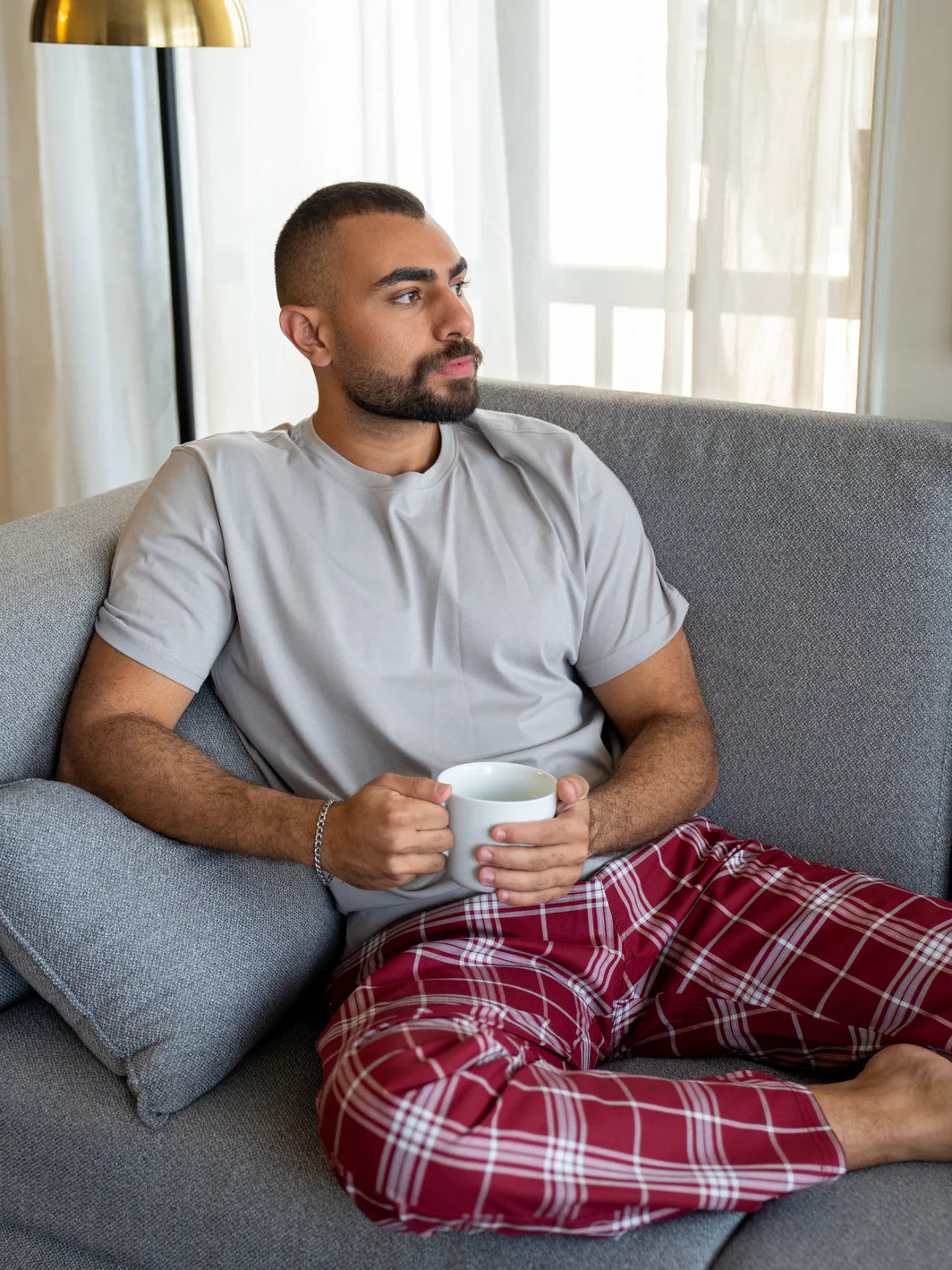 Men summer pajama set Greyish T-shirt + Dark Red X Greyish Tartan Plaid Pants - Image 2