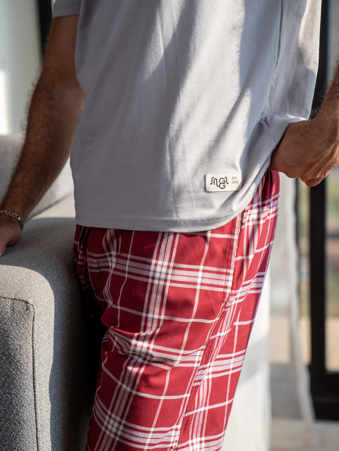 Men summer pajama set Greyish T-shirt + Dark Red X Greyish Tartan Plaid Short - Image 2