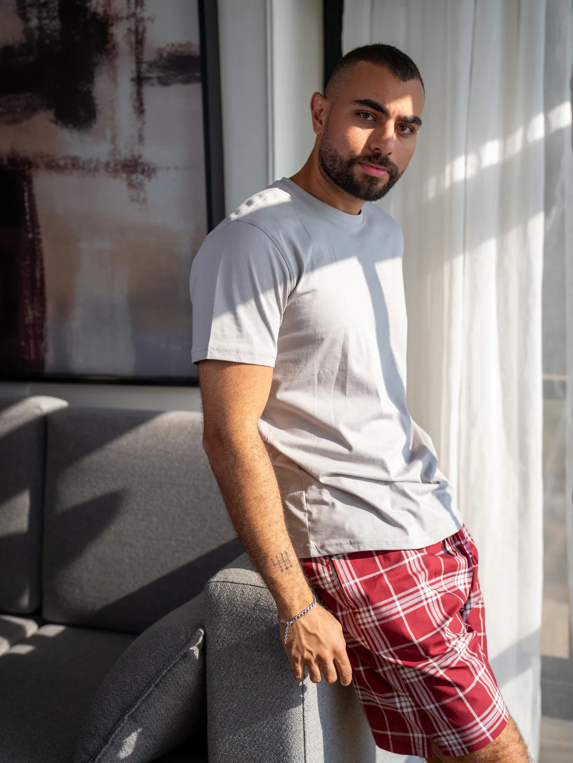 Men summer pajama set Greyish T-shirt + Dark Red X Greyish Tartan Plaid Short - Image 3
