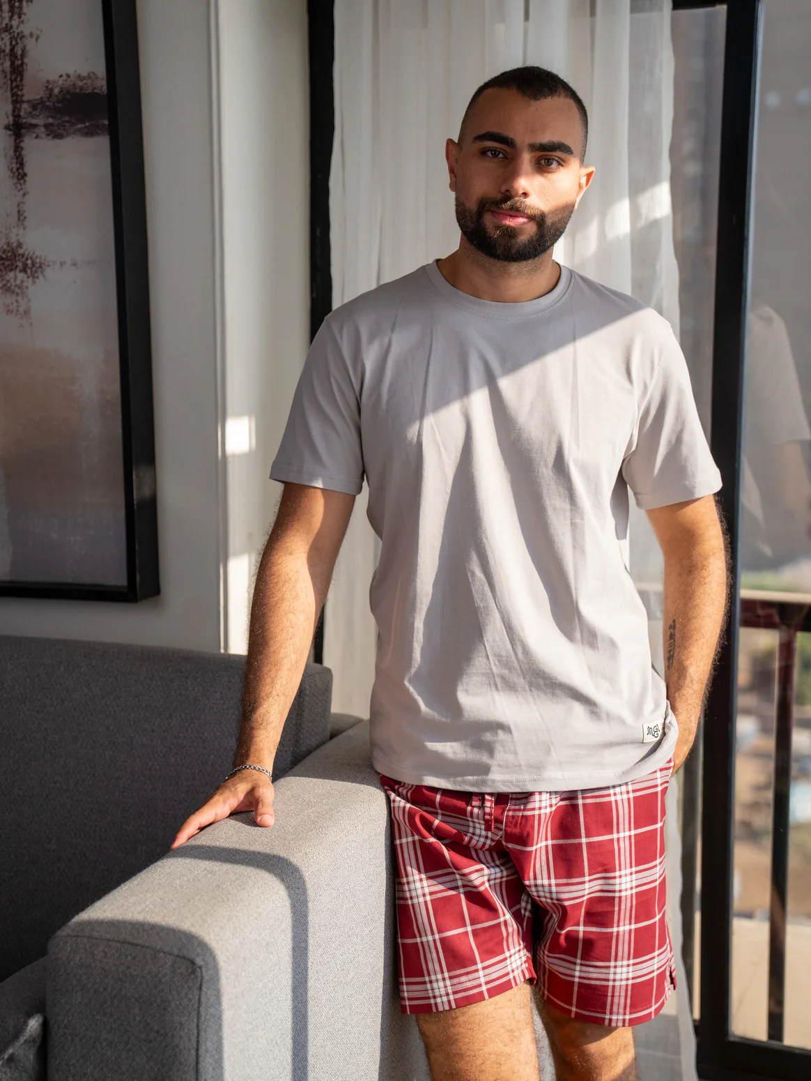 Men summer pajama set Greyish T-shirt + Dark Red X Greyish Tartan Plaid Short - Image 4