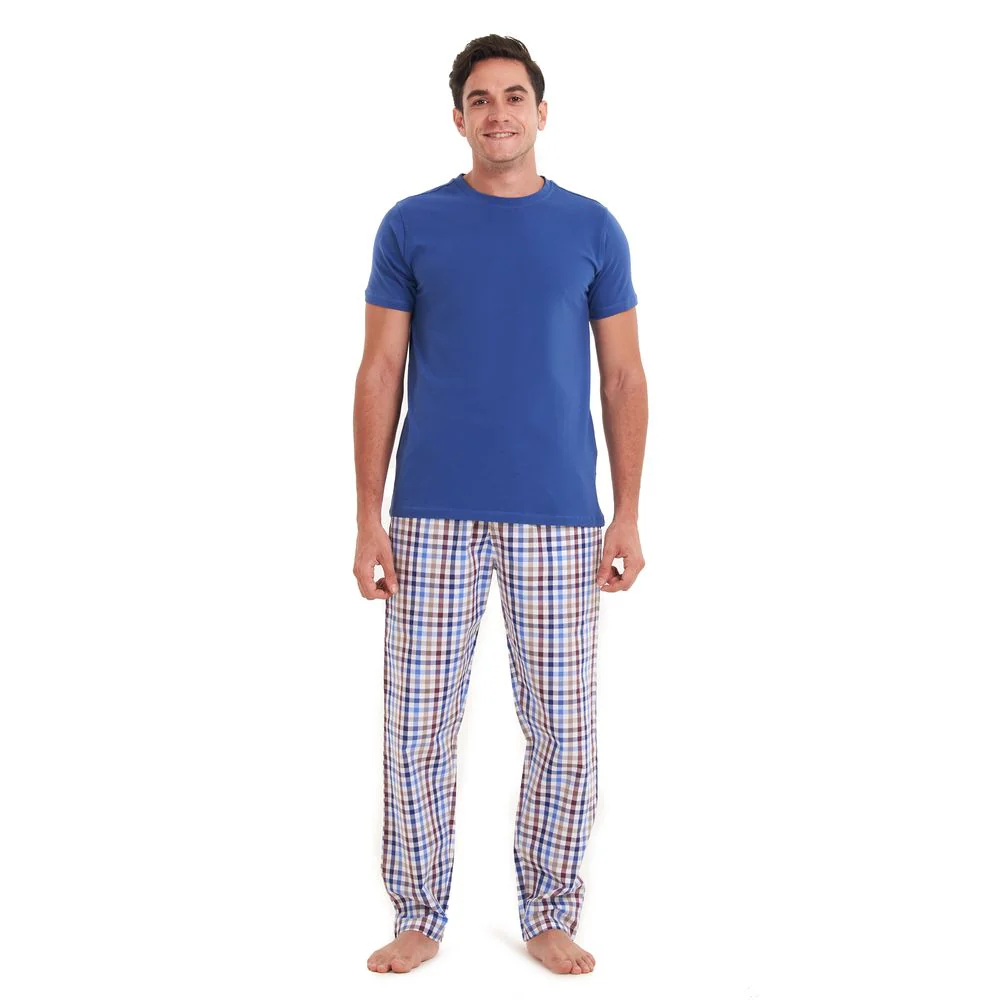 Men summer pajama set Indigo T-shirt + Brown × blue checkered pants - Image 2