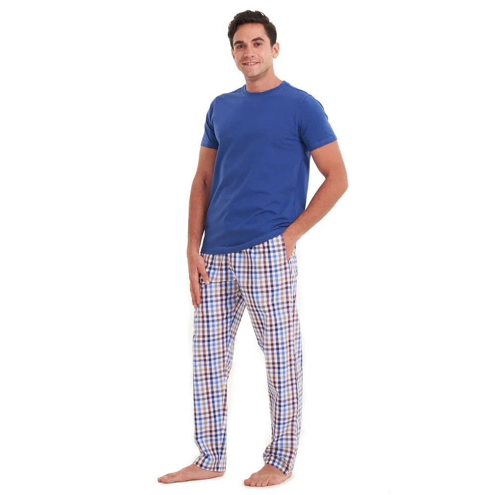 Men summer pajama set Indigo T-shirt + Brown × blue checkered pants - Image 3
