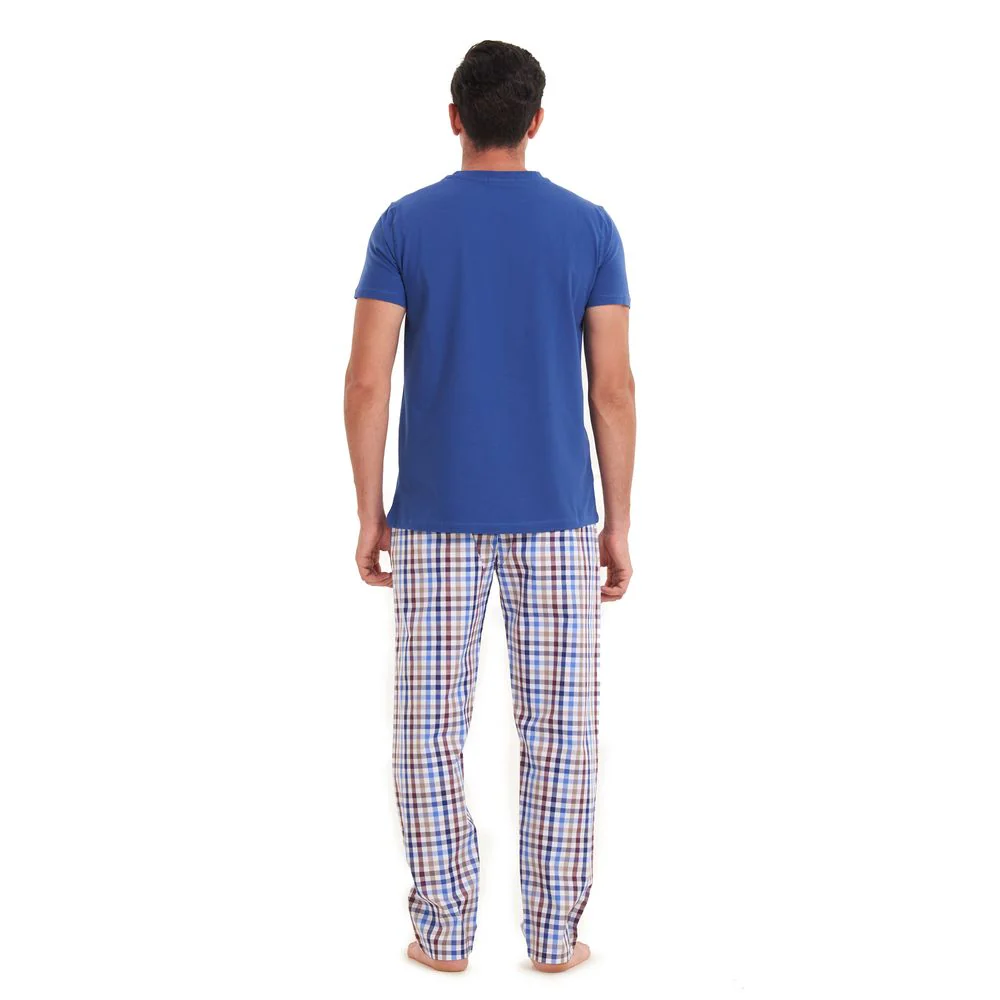 Men summer pajama set Indigo T-shirt + Brown × blue checkered pants - Image 4