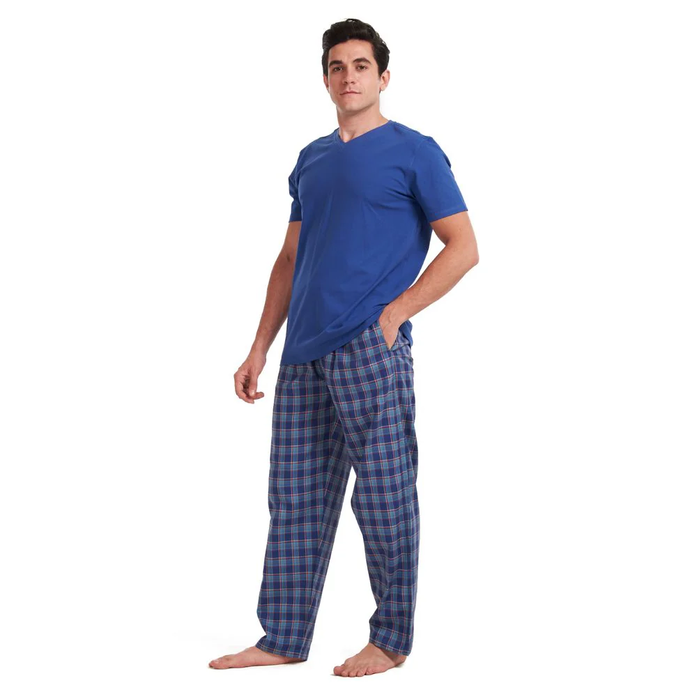 Men summer pajama set Indigo t-shirt + Dark Blue x teal checkered pants