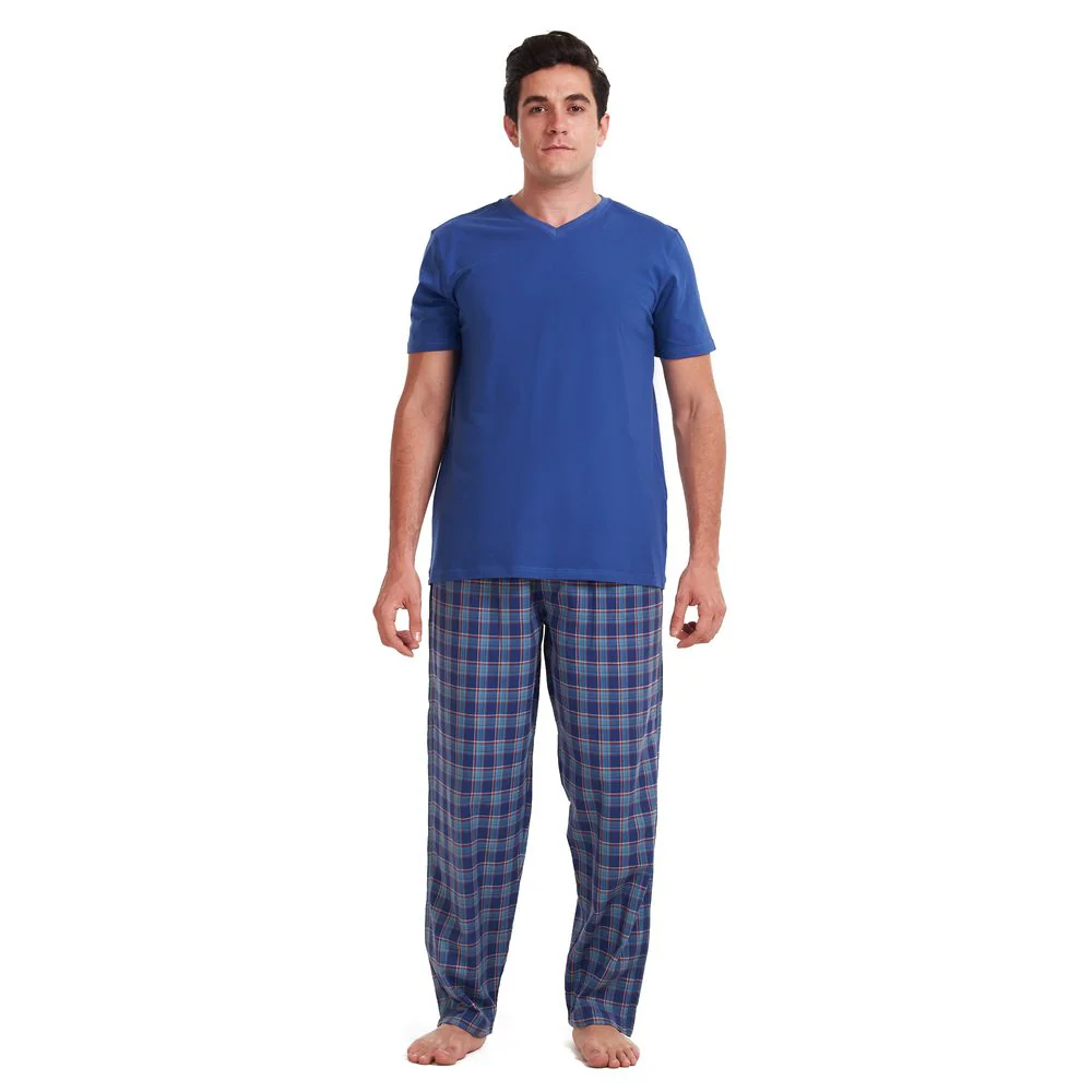 Men summer pajama set Indigo t-shirt + Dark Blue x teal checkered pants - Image 2