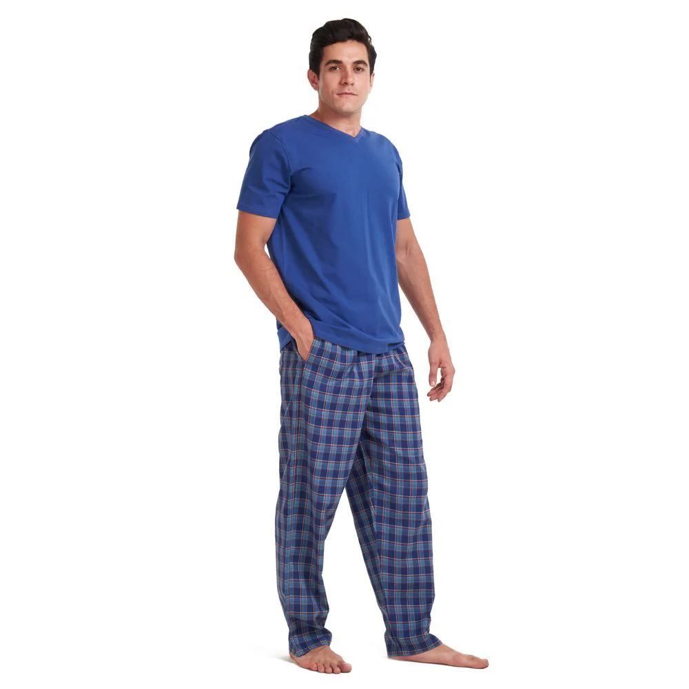 Men summer pajama set Indigo t-shirt + Dark Blue x teal checkered pants - Image 3