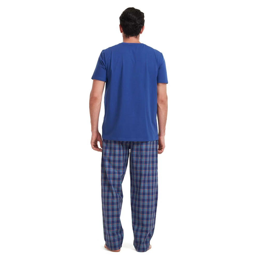 Men summer pajama set Indigo t-shirt + Dark Blue x teal checkered pants - Image 4
