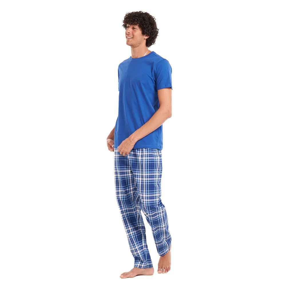 Men summer pajama set Indigo T-shirt + Indigo x grey checkered pants - Image 2