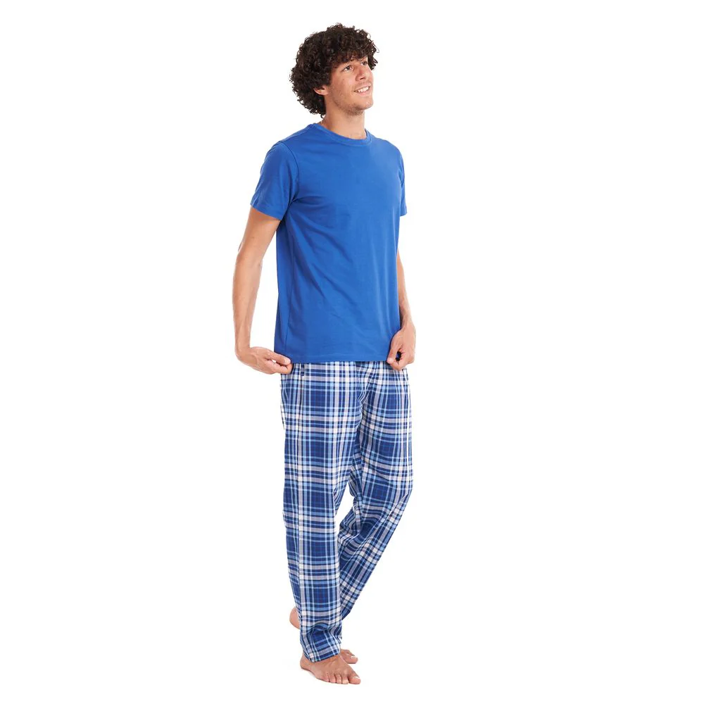Men summer pajama set Indigo T-shirt + Indigo x grey checkered pants - Image 3