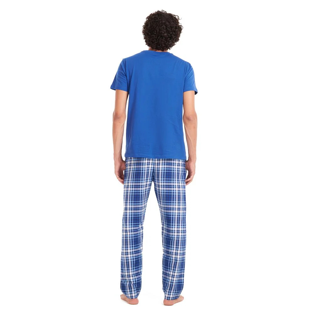 Men summer pajama set Indigo T-shirt + Indigo x grey checkered pants - Image 4