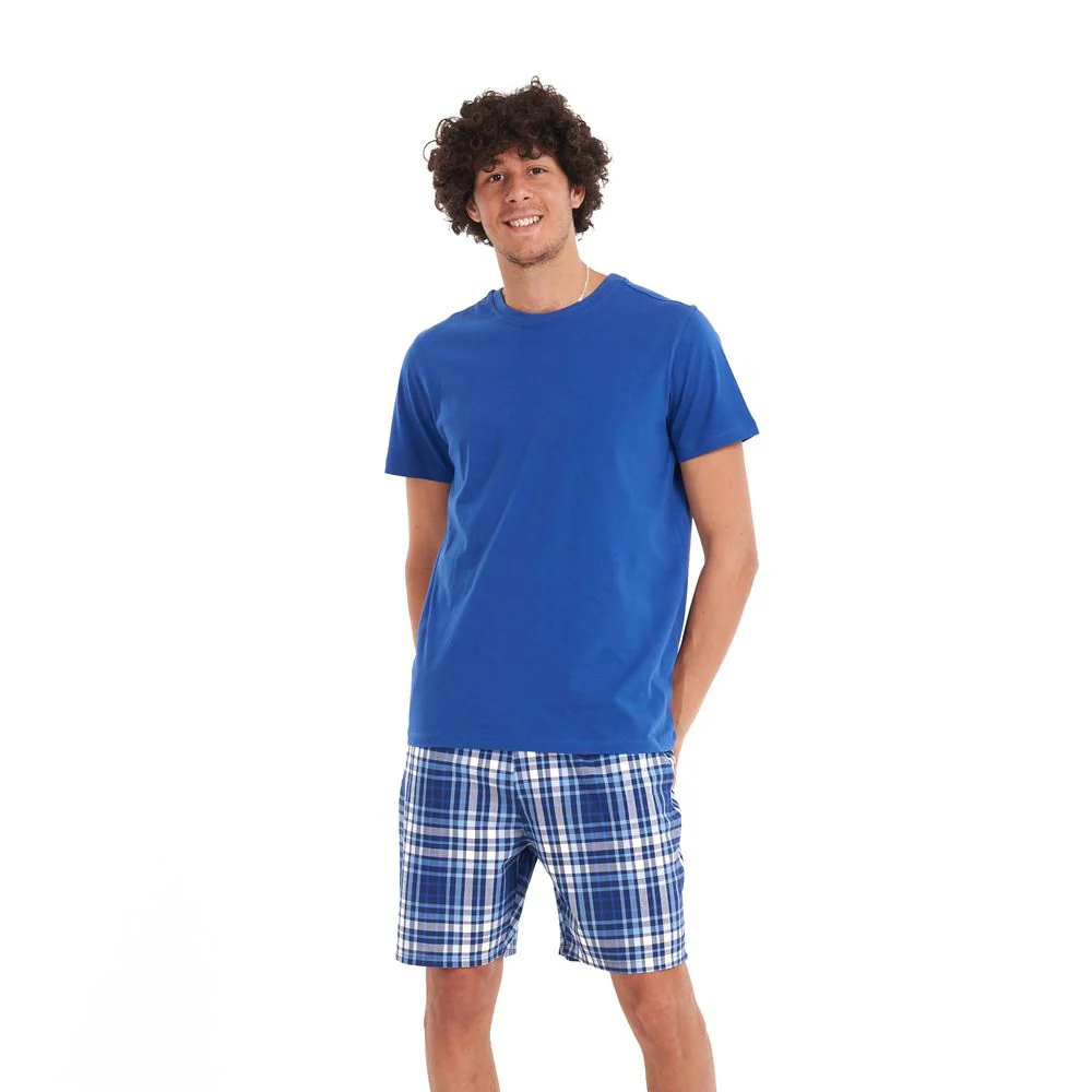 Men summer pajama set Indigo T-shirt + Indigo x grey checkered shorts