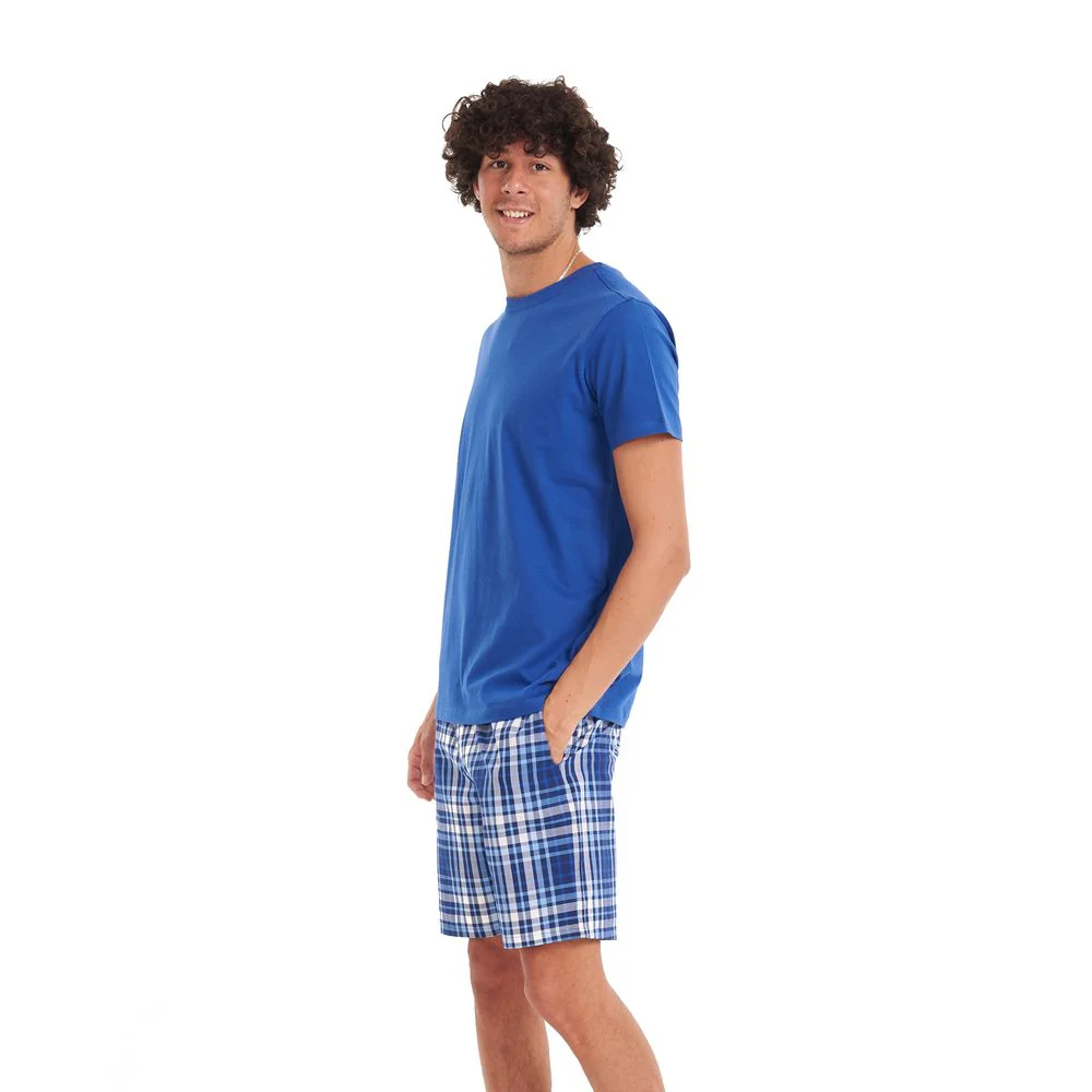 Men summer pajama set Indigo T-shirt + Indigo x grey checkered shorts - Image 2