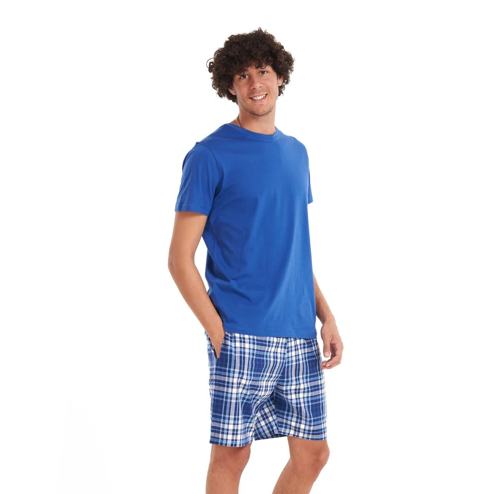 Men summer pajama set Indigo T-shirt + Indigo x grey checkered shorts - Image 3