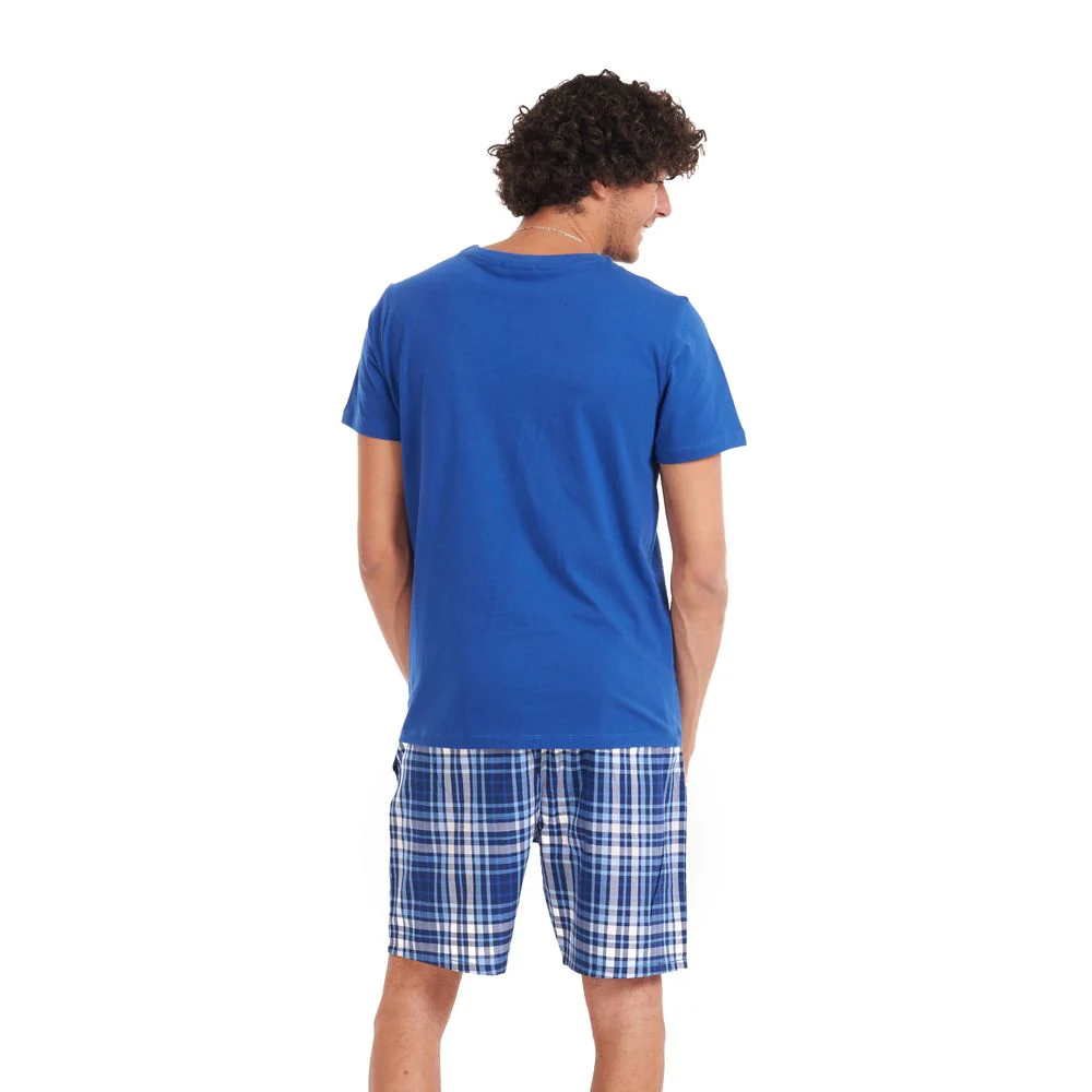 Men summer pajama set Indigo T-shirt + Indigo x grey checkered shorts - Image 4