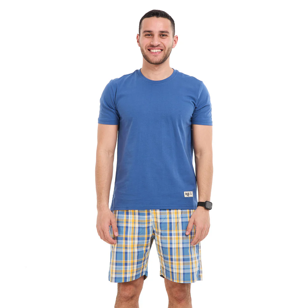 Men summer pajama set Indigo T-shirt + Indigo X Yellow checkered Shorts
