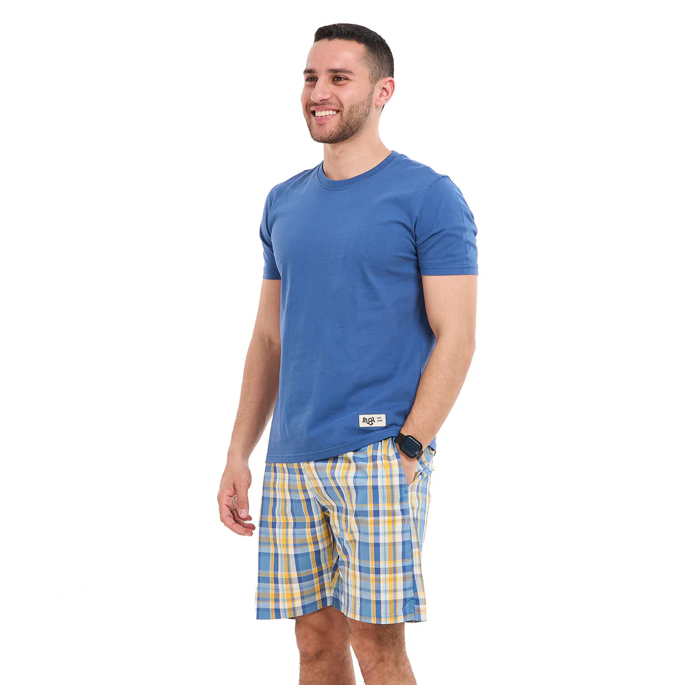 Men summer pajama set Indigo T-shirt + Indigo X Yellow checkered Shorts - Image 3