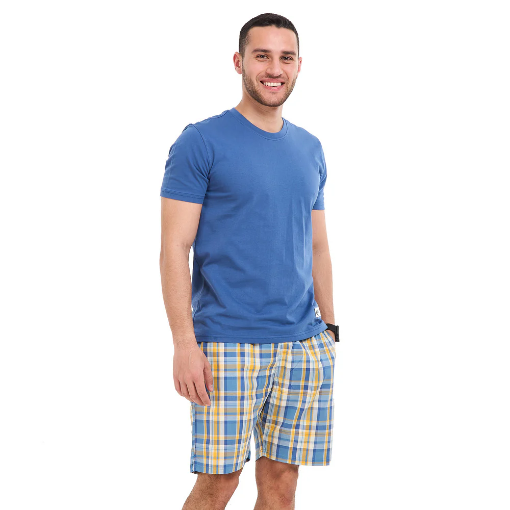 Men summer pajama set Indigo T-shirt + Indigo X Yellow checkered Shorts - Image 4