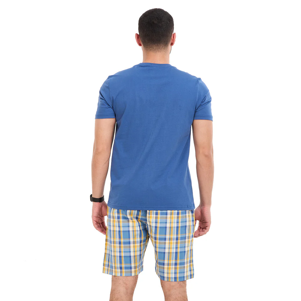 Men summer pajama set Indigo T-shirt + Indigo X Yellow checkered Shorts - Image 5