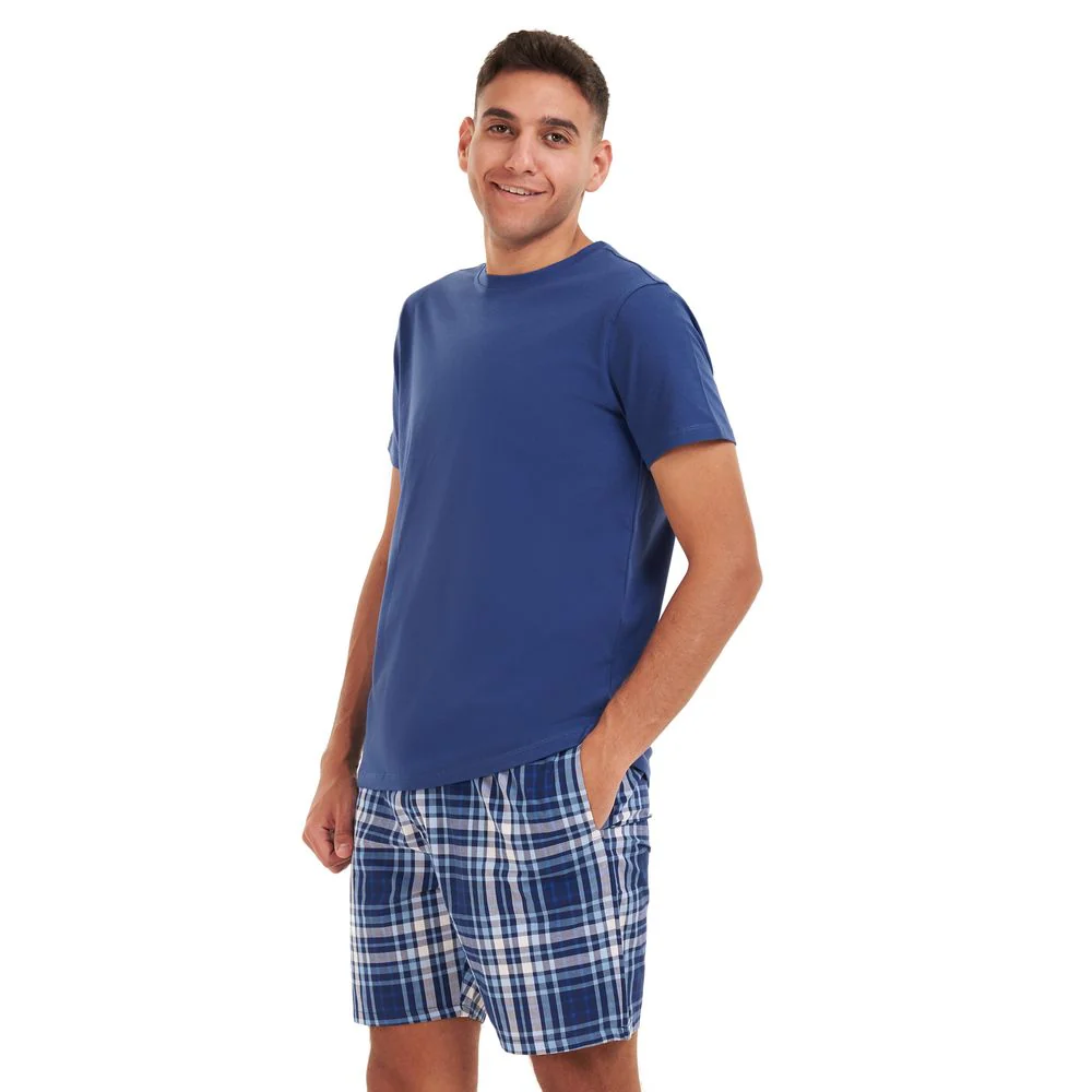 Men summer pajama set Indigo T-shirt +Light blue checkered shorts - Image 2
