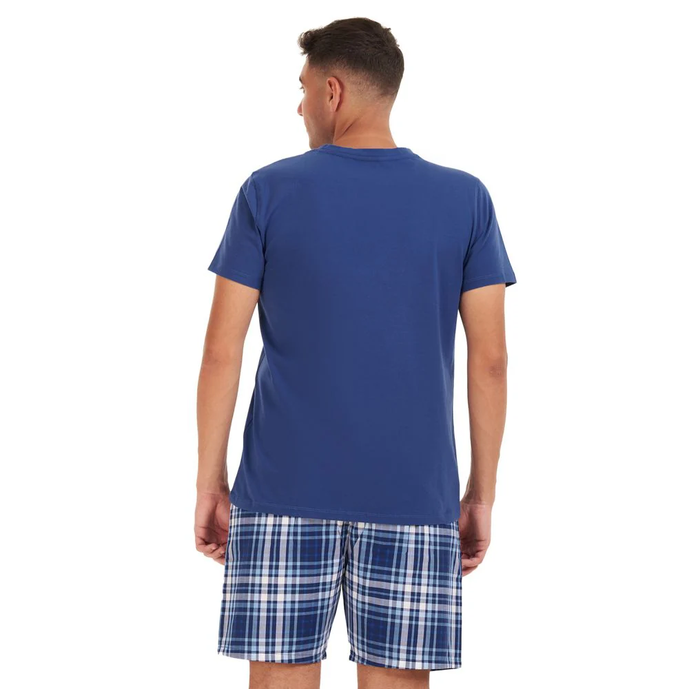 Men summer pajama set Indigo T-shirt +Light blue checkered shorts - Image 3