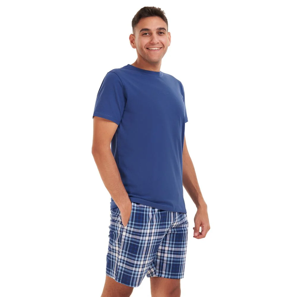Men summer pajama set Indigo T-shirt +Light blue checkered shorts - Image 4