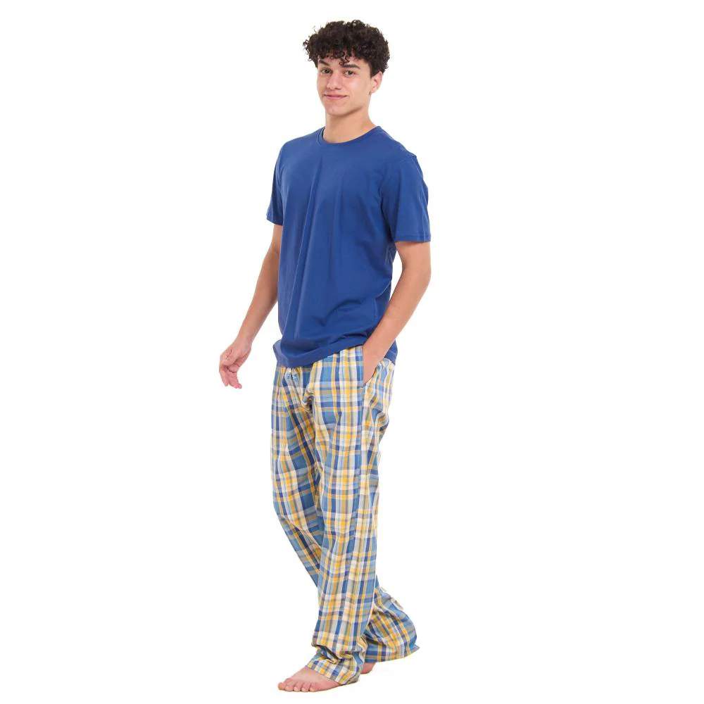 Men summer pajama set Indigo T-shirt + Mustard x Blue Checkered Pants - Image 2