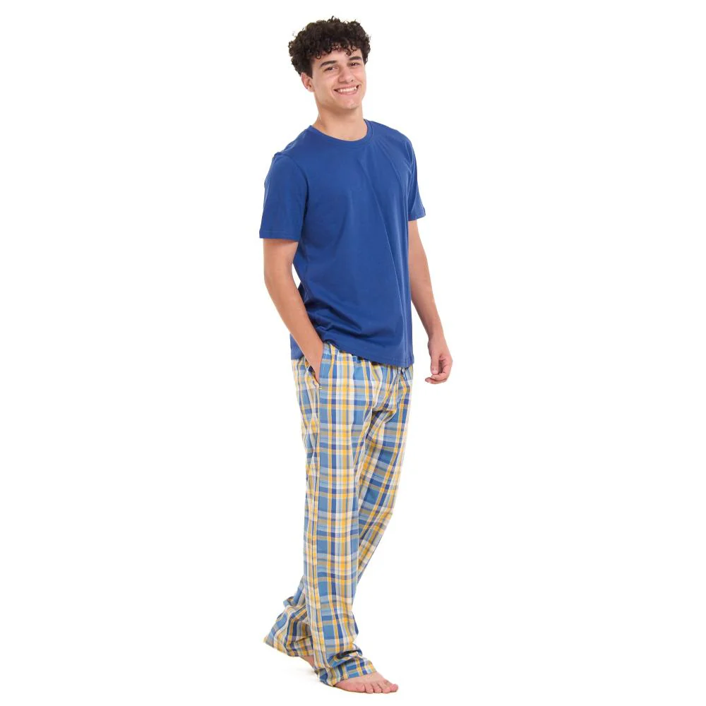 Men summer pajama set Indigo T-shirt + Mustard x Blue Checkered Pants - Image 3