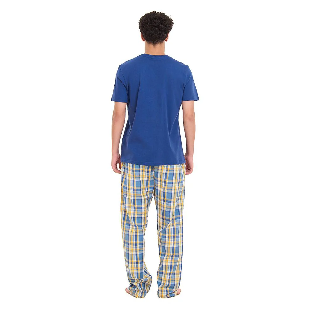 Men summer pajama set Indigo T-shirt + Mustard x Blue Checkered Pants - Image 4