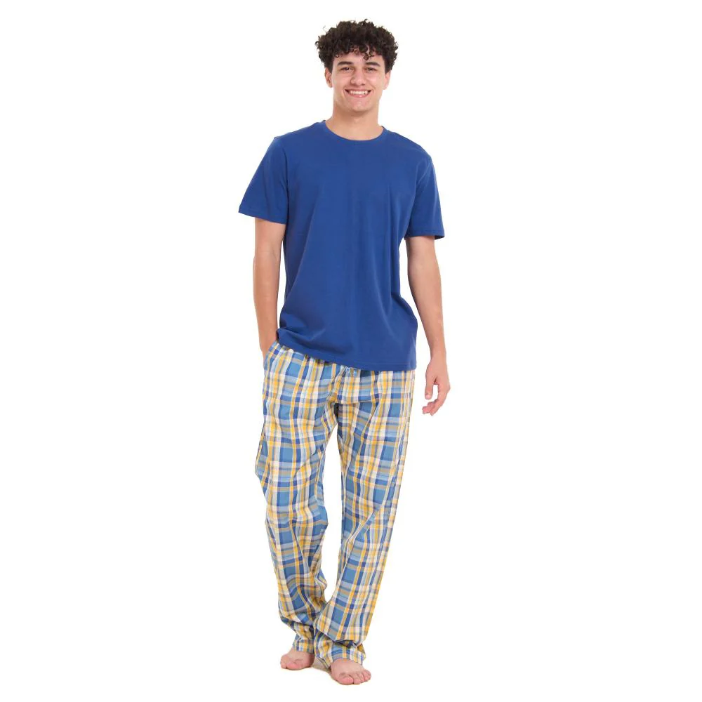 Men summer pajama set Indigo T-shirt + Mustard x Blue Checkered Pants - Image 5