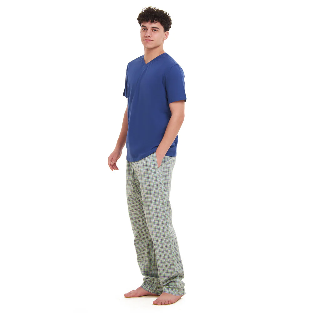Men summer pajama set  Indigo T-shirt + Olive x Indigo Checkered Pants - Image 2