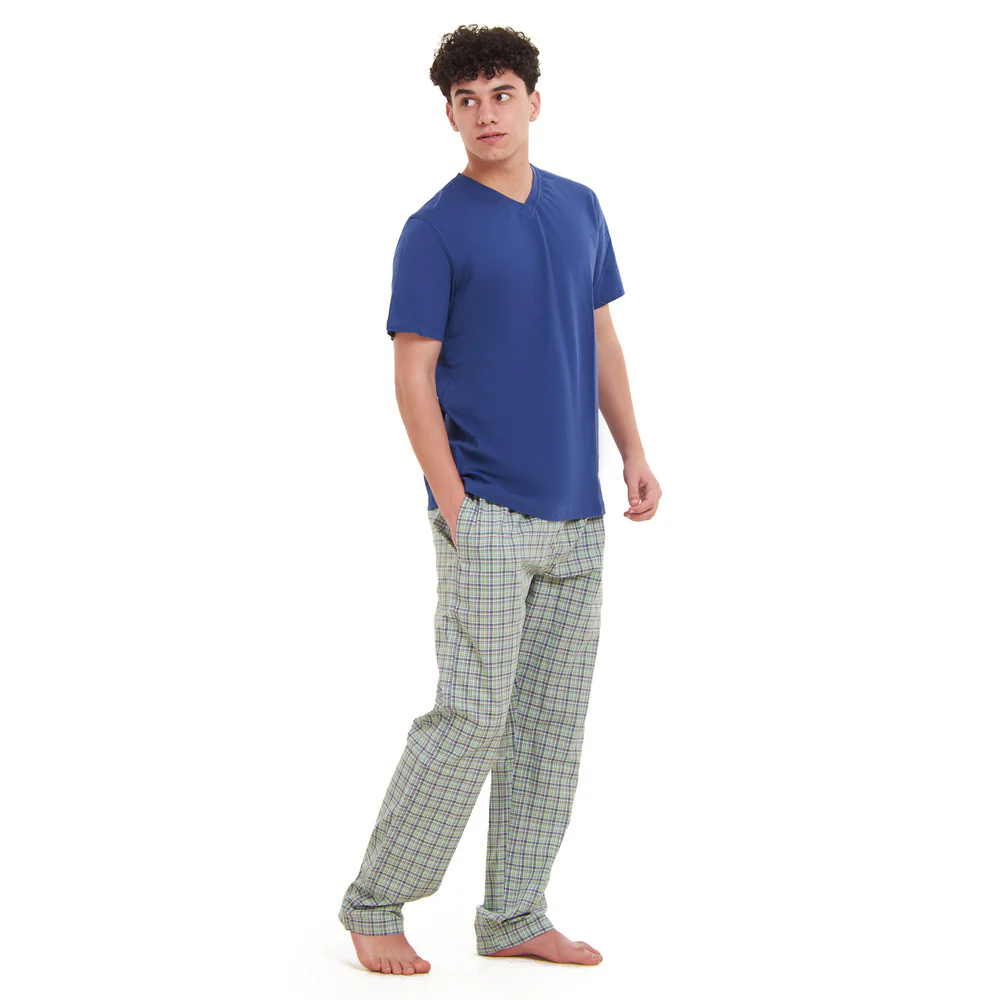 Men summer pajama set  Indigo T-shirt + Olive x Indigo Checkered Pants - Image 3